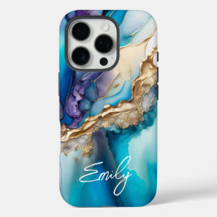 Modern Elegant Blue Gold Marble Personalized Name iPhone 16 Pro Case