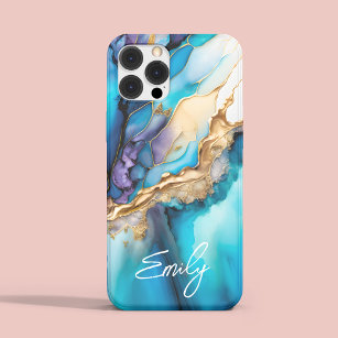 Modern Elegant Blue Gold Marble Personalized Name iPhone 15 Pro Max Case