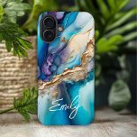 Modern Elegant Blue Gold Marble Personalized Name iPhone 16 Plus Case<br><div class="desc">Modern Elegant Blue Gold Marble Personalized Name iPhone 16 Plus Cases features your personalized name in an elegant calligraphy script typography on a modern blue and gold marble background. Perfect gift for her for birthday, mom for Mother's Day, sister or bestie for Christmas and holidays. Designed by ©Evco Studio www.zazzle.com/store/evcostudio...</div>