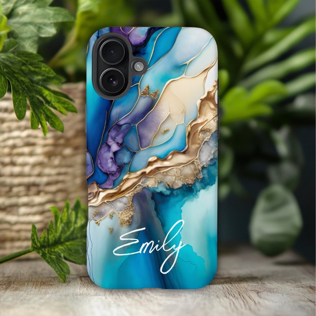 Modern Elegant Blue Gold Marble Personalized Name Case-Mate iPhone Case (Creator Uploaded)