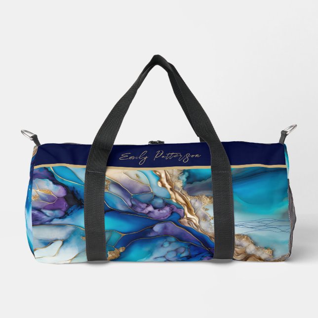 Modern Elegant Blue Gold Marble Personalized Name Duffle Bag (Front)