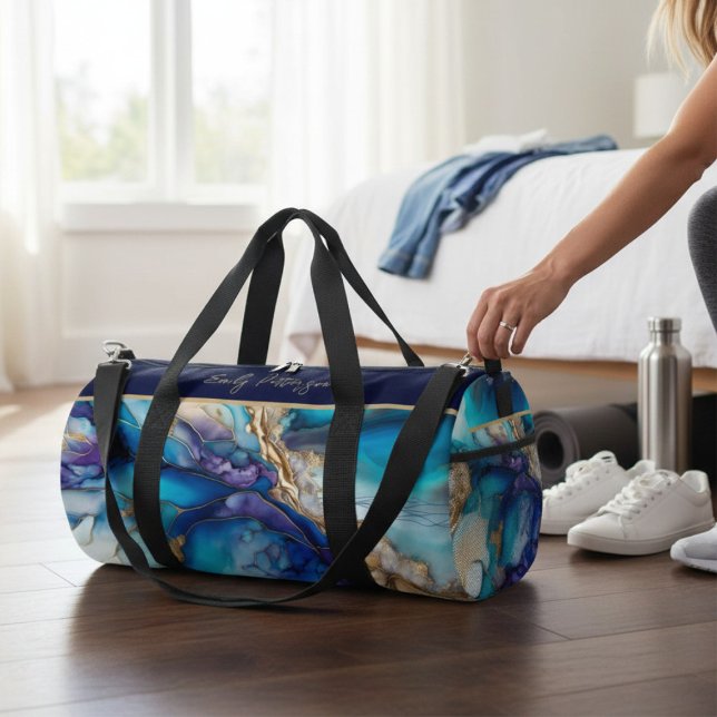 Modern Elegant Blue Gold Marble Personalized Name Duffle Bag (Creator Uploaded)