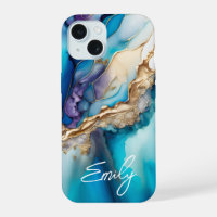 Modern Elegant Blue Gold Marble Personalized Name