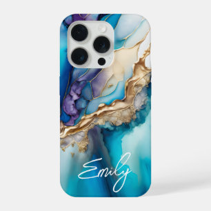 Modern Elegant Blue Gold Marble Personalized Name iPhone 15 Pro Case