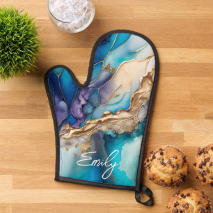 Modern Elegant Blue Gold Marble Personalized Name Oven Mitt
