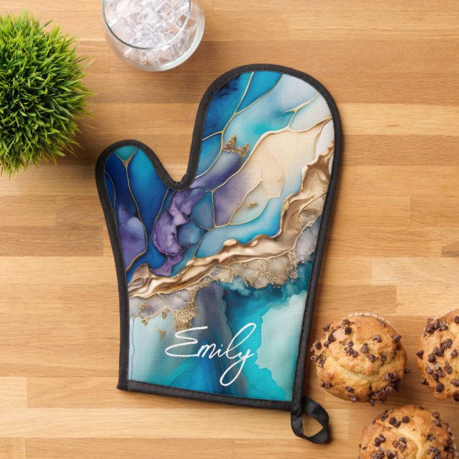 Modern Elegant Blue Gold Marble Personalized Name Oven Mitt (Top down)