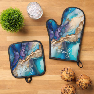 Modern Elegant Blue Gold Marble Personalized Name Oven Mitt & Pot Holder Set