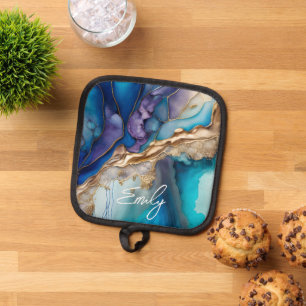 Modern Elegant Blue Gold Marble Personalized Name Pot Holder