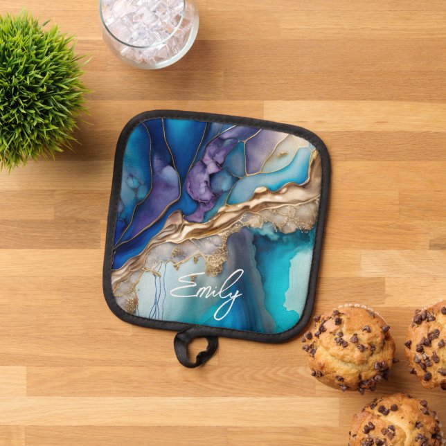 Modern Elegant Blue Gold Marble Personalized Name Pot Holder (Top Down)