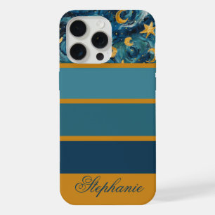 Modern Elegant Blue Gold Personalized Name iPhone 15 Pro Max Case