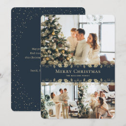 Modern Elegant Blue Gold Photo Merry Christmas Holiday Card