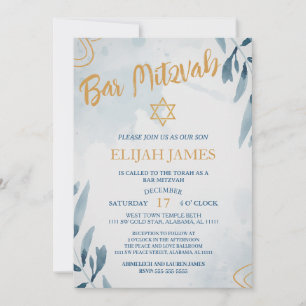 Modern Elegant Blue Gold Star of David Bar Mitzvah Invitation