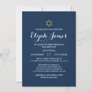 Modern Elegant Blue Gold Star of David Bar Mitzvah Invitation