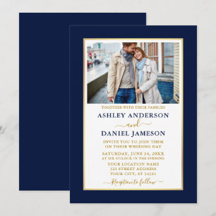 Modern Elegant Blue Gold Wedding Invitation
