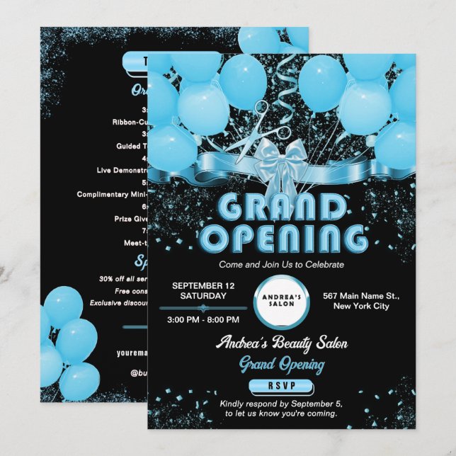 Modern Elegant Blue Grand Business Opening Custom Invitation (Front/Back)