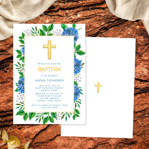 Modern Elegant Blue Hydrangeas Gold Cross Baptism Invitation