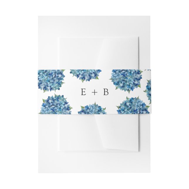 Modern Elegant Blue Hydrangeas Wedding Monogram Invitation Belly Band (Front Example)