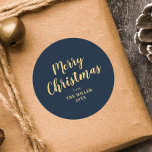 Modern Elegant Blue Merry Christmas Family  Classic Round Sticker<br><div class="desc">Contact with me if you need help.</div>