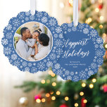 Modern Elegant Blue Snowflake Photo Christmas Ornament Card<br><div class="desc">These wonderful paper ornament cards feature an elegant blue background with white snowflakes and a round photo cutout. On the back of the card is an EDITABLE script greeting with your text in a classic serif font. These ornaments make a fabulous holiday card that will then become a keepsake that...</div>