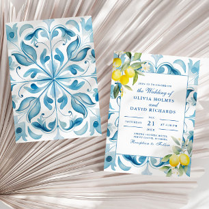 Modern Elegant Blue Tile and Lemon Wedding Invitation