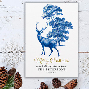 Modern Elegant Blue Toile Deer Woodland Card