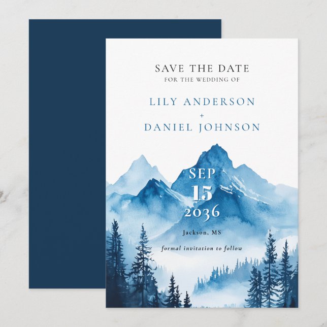 Modern Elegant Blue Watercolor Mountain Wedding Save The Date (Front/Back)