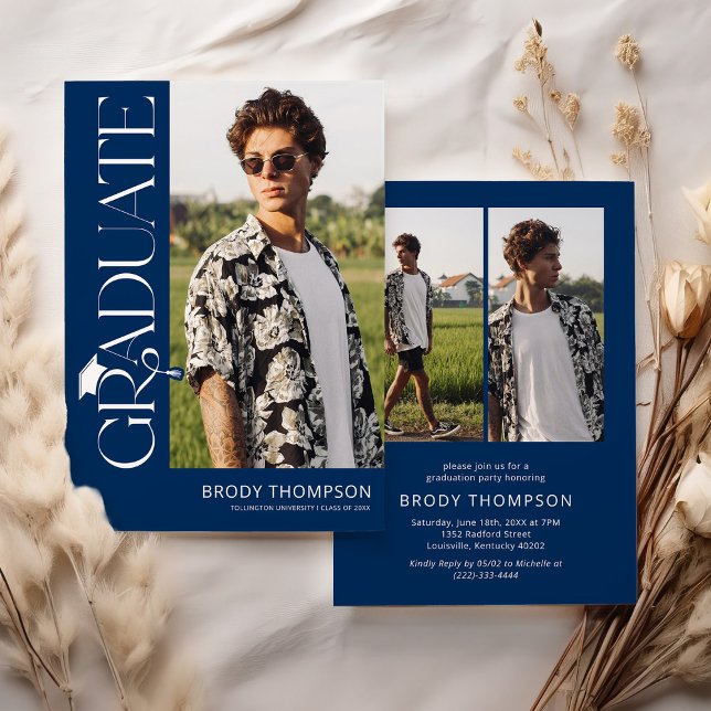 Modern Elegant Blue & White 3 Photo Graduation Invitation (Creator Uploaded)