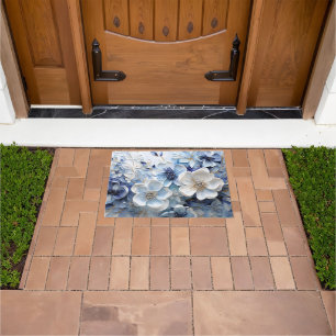 Modern Elegant Blue White Botanical Floral Doormat