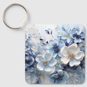 Modern Elegant Blue White Botanical Floral Keychain
