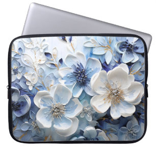 Modern Elegant Blue White Botanical Floral Laptop Sleeve