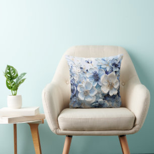 Modern Elegant Blue White Botanical Floral Throw Pillow