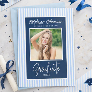 Modern Elegant Blue White Photo Graduation Announcement