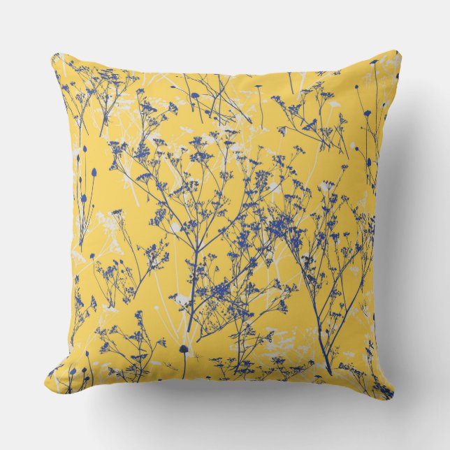Modern Elegant Blue Wildflowers on Mustard Yellow Throw Pillow (Front)
