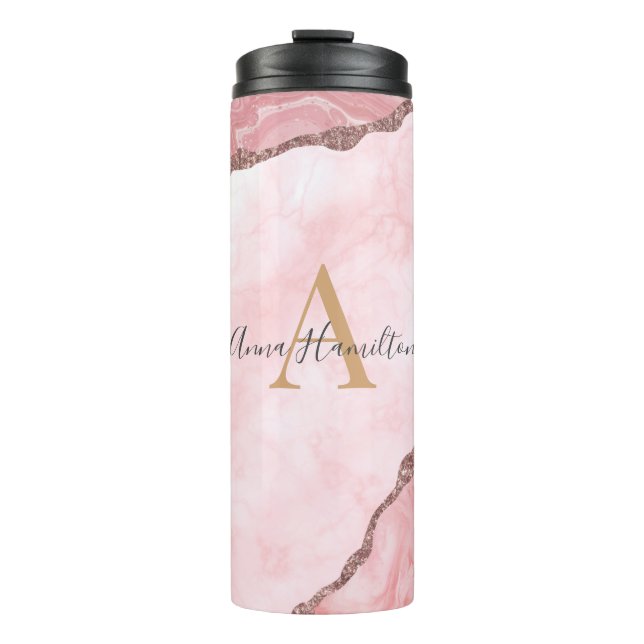 Modern Elegant Blush Pink Agate Geode Monogram Thermal Tumbler (Front)