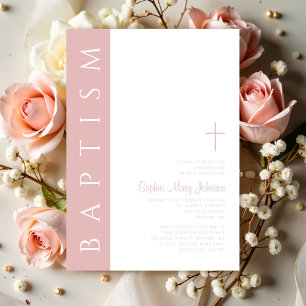 Modern Elegant Blush Pink Cross Girl Baptism Invitation