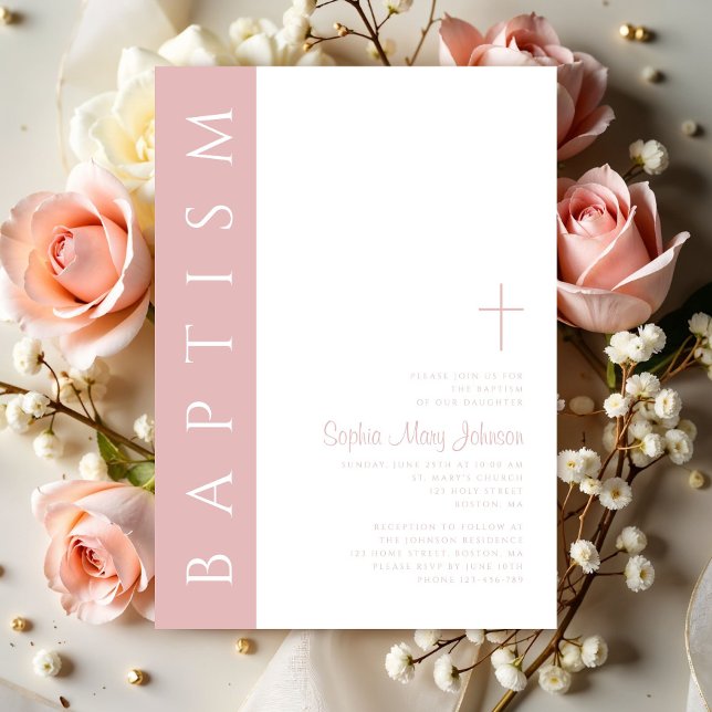 Modern Elegant Blush Pink Cross Girl Baptism Invitation (Modern Elegant Blush Pink Cross Girl Baptism Invitation)