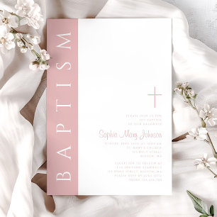 Modern Elegant Blush Pink Cross Girl Baptism Invitation
