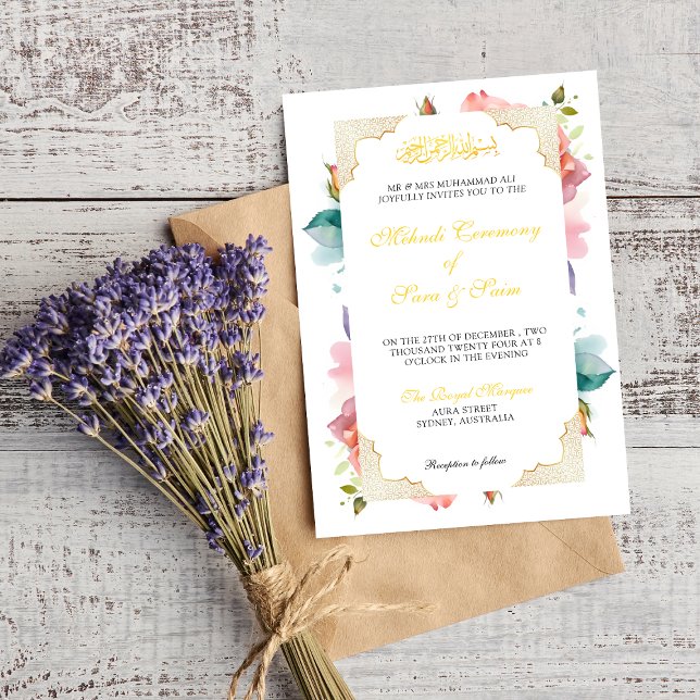 Modern Elegant Blush Pink Floral Mehndi Muslim Invitation (Creator Uploaded)