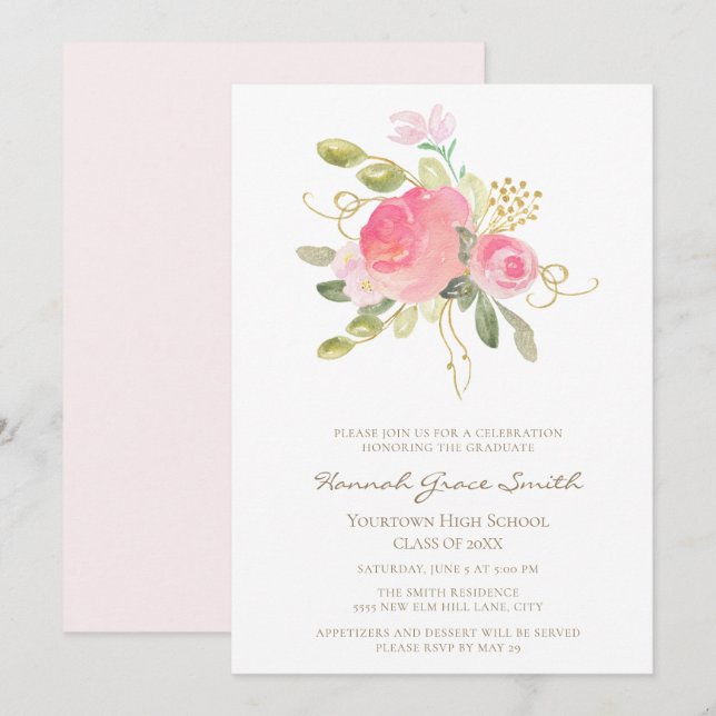 Modern Elegant Blush Pink Gold Floral Graduation Invitation (Front/Back)