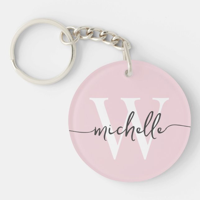 Modern Elegant Blush Pink Monogram Name Script Keychain (Front)