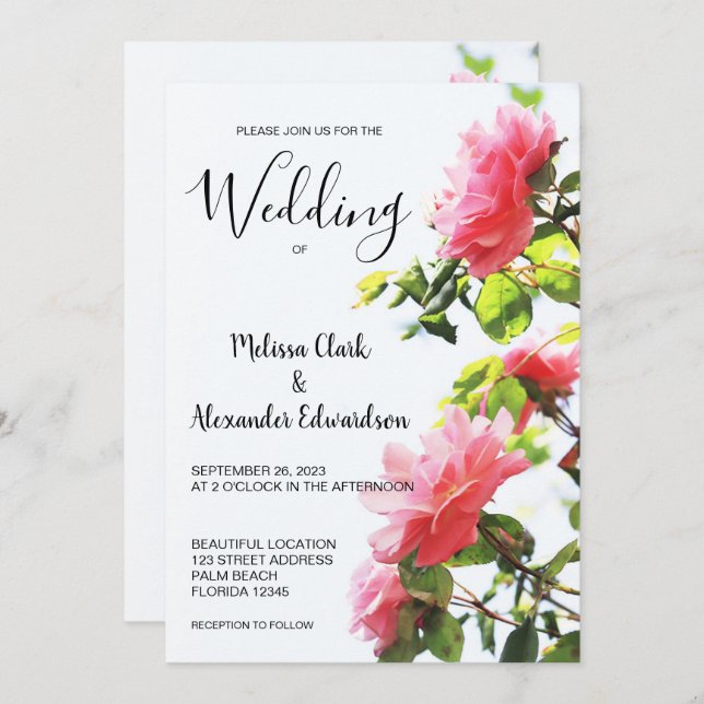 Modern elegant blush pink roses wedding invitation (Front/Back)