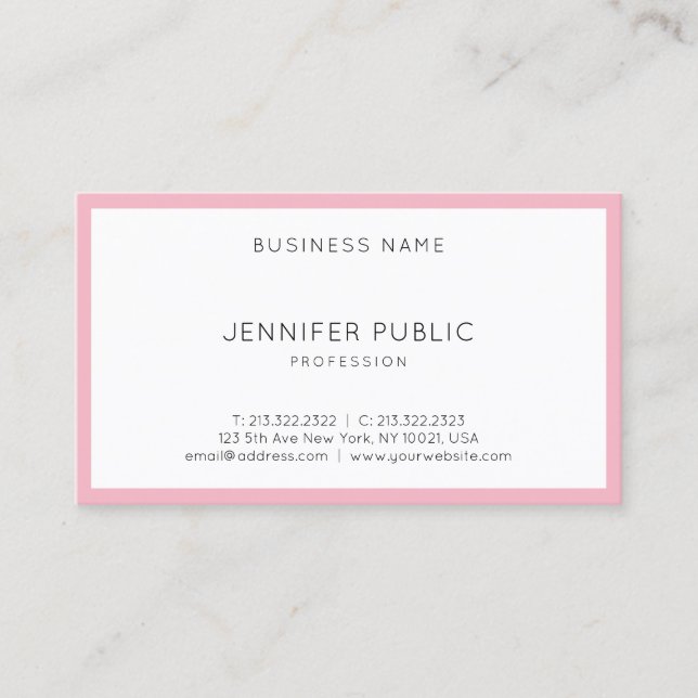 Modern Elegant Blush Pink White Simple Template Business Card (Front)