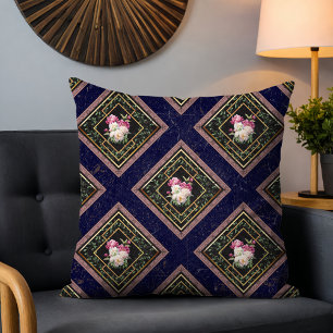Modern Elegant Bohemian Floral Navy Blue Throw Pillow
