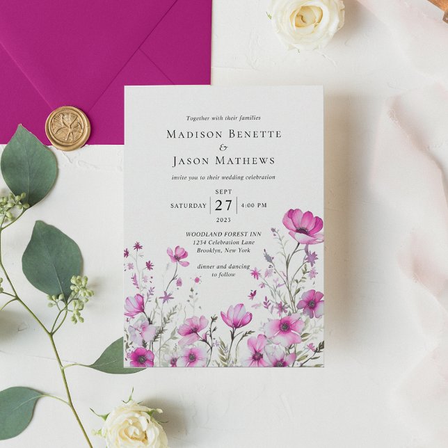 Modern Elegant Bohemian Magenta Floral Wedding Invitation (Creator Uploaded)
