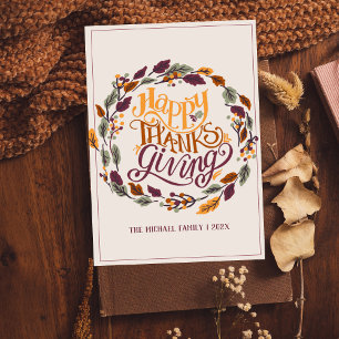 Modern Elegant Boho Floral Wreath Thanksgiving Holiday Card