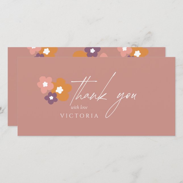 Modern Elegant Boho Rose Script Floral  Thank You Card (Front/Back)