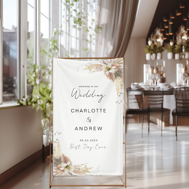 Modern, elegant boho wedding  banner (Modern, elegant, boho, "Welcome & Best Day Ever" white, soft colors, script font, wedding banner.)