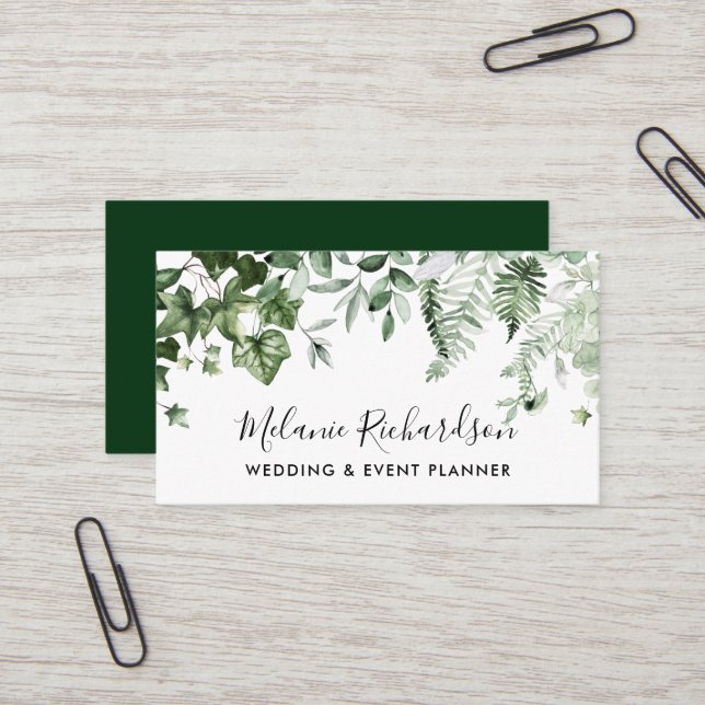 Modern Elegant Botanical Greenery Ivy Sage Ferns Business Card (Front/Back In Situ)