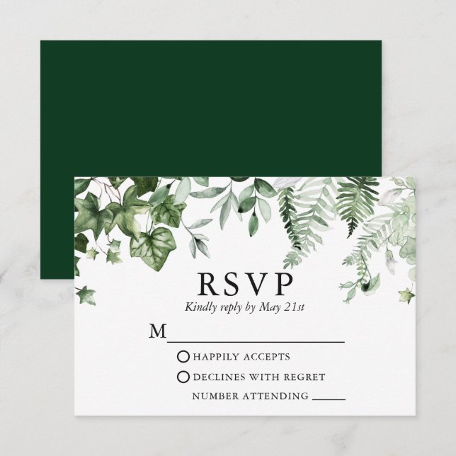 Modern Elegant Botanical Ivy Sage Greenery Wedding RSVP Card (Front/Back)