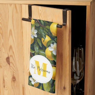 Modern Elegant Botanical Lemons Family Name Kitchen Towel